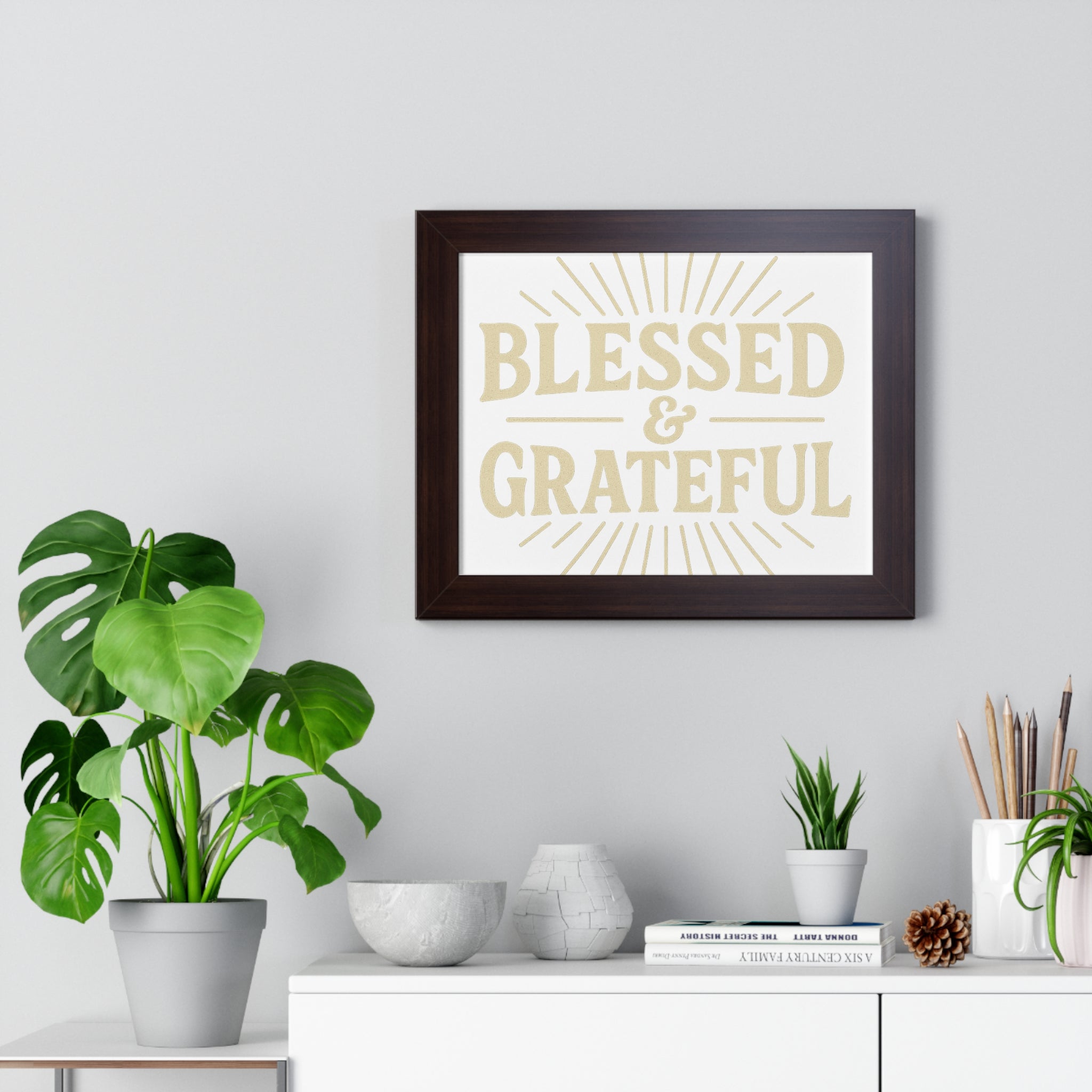 Blessed & Grateful Framed Horizontal Poster, Inspirational Wall Art, Home Decor, Gift for Friends, Motivational Quote Decoration