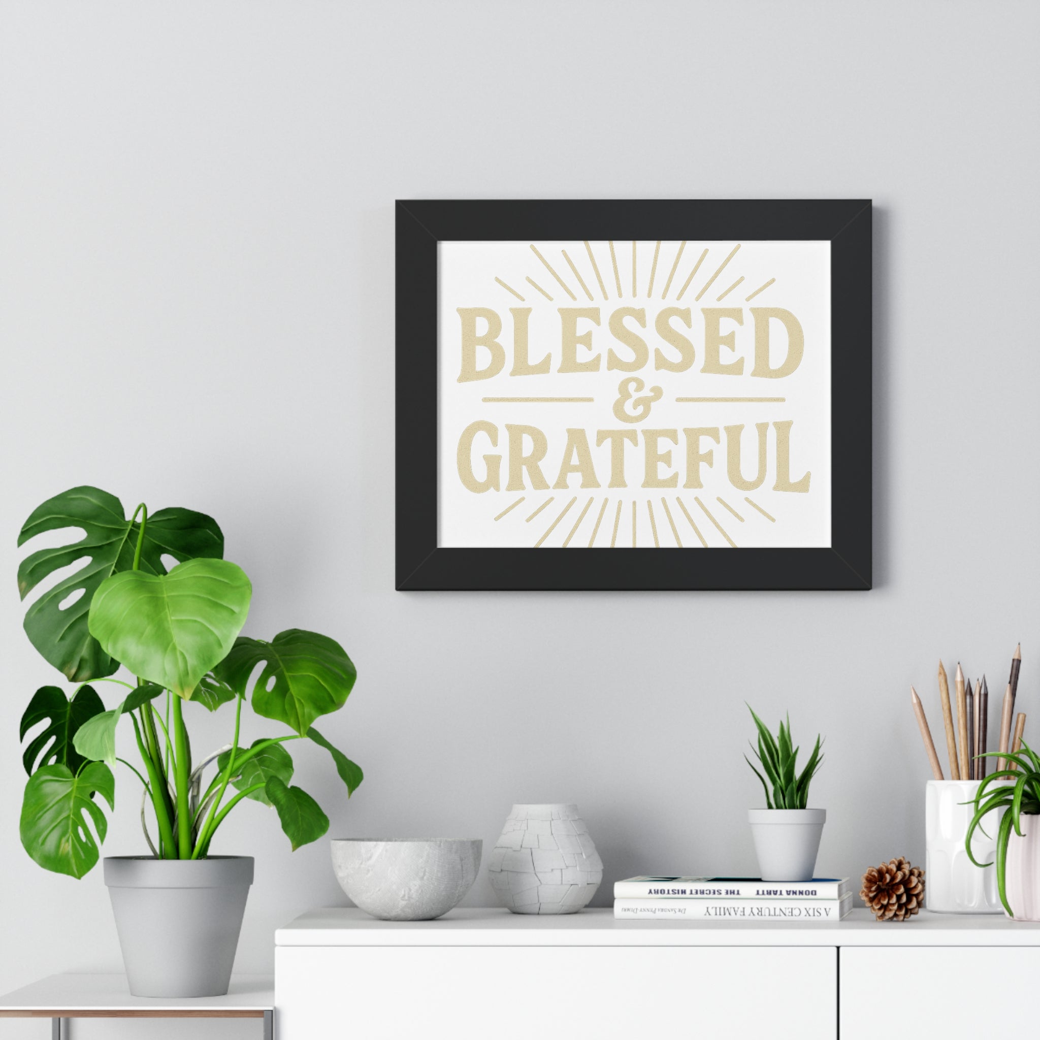 Blessed & Grateful Framed Horizontal Poster, Inspirational Wall Art, Home Decor, Gift for Friends, Motivational Quote Decoration